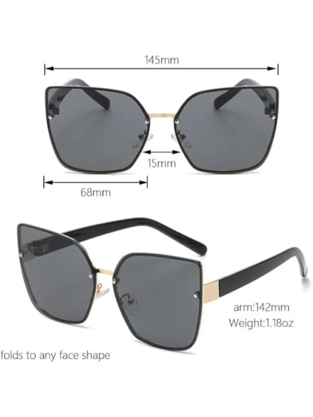 Oversized Black Sunglasses Rimless Metal Frame with Gold Accents UV Protection